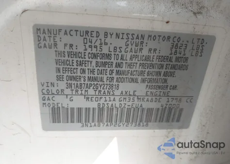 2016 Nissan Sentra Sv z USA, uszkodzony, nr VIN 3N1AB7AP2GY273818